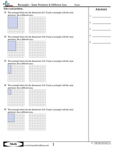 Area & Perimeter Worksheets - Rectangles - Same Perimeter & Different Area worksheet
